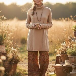 Decker Wool Cashmere Blend Tunic Sweater Dress Camel Tan Turtleneck Pockets L/XL